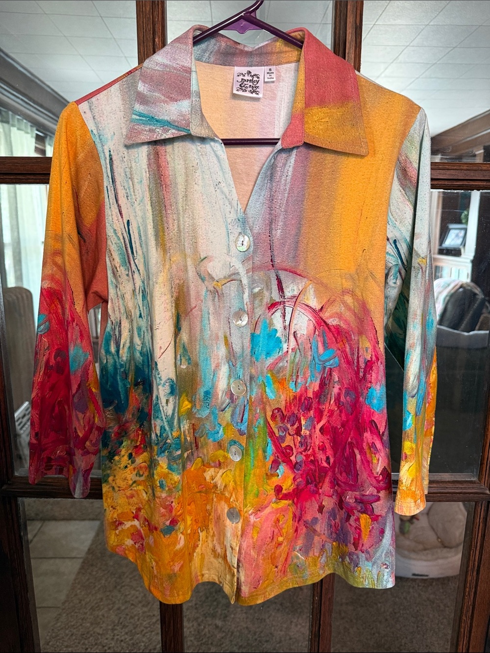 Parsley & Sage Women Abstract Boho Art to Wear Button Up Shirt Multi Color S